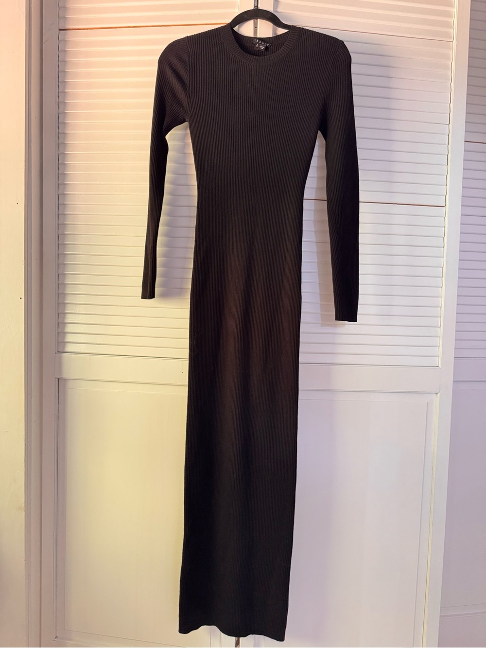 Theory Long Sleeve Ribbed Wool Blend Maxi Dress - Black